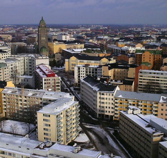 El barrio de Kallio en invierno desde el aire 