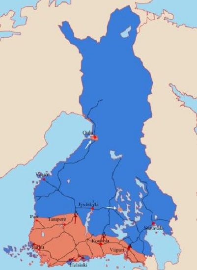 Finlandia al inicio de la Guerra Civil. En rojo la zona pro-Rusia 