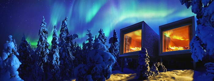 La Aurora Boreal como siempre espectacular sobre las habitaciones del hotel Arctic Tree House de Rovaniemi