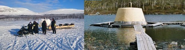 Mojón en la frontera de los tres países en invierno y en verano 