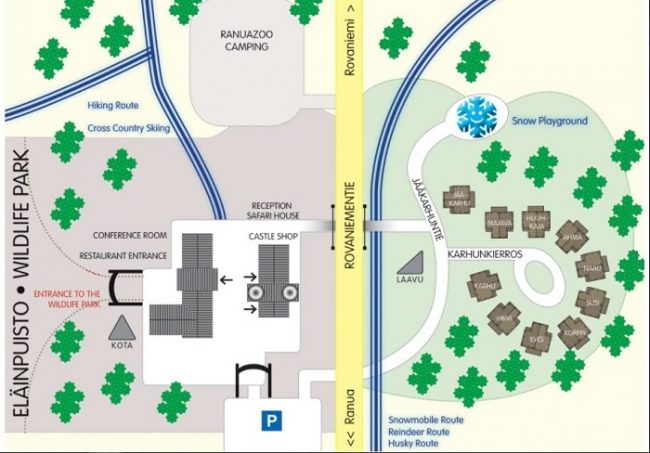 Plano del complejo turístico de Ranua. A la derecha se puede ver la distribución de las villas