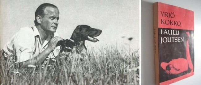 Yrjö Kokko con su perro Molli y uno de sus libros