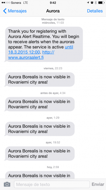 alertas de auroras boreales por mensaje de texto SMS