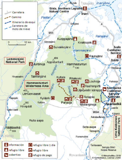 Itinerarios y refugios en el Área Natural de Hammastunturi 