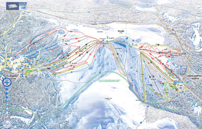 Mapa-de-la-estación-de-esquí-de-Ylläs-donde-se-muestran-las-dos-vertientes-Ylläjärvi-y-Äkäslompolo_fotoMySkiMaps