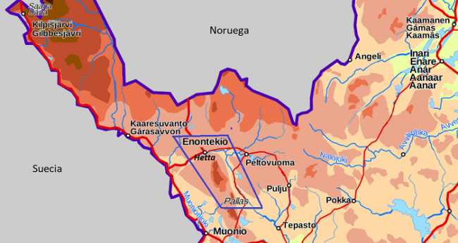 Mapa de la ubicación de la ruta de Hetta a Pallas 