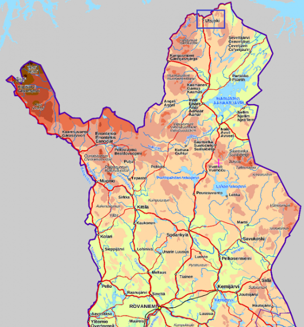 Mapa de Laponia mostrando la ubicación de Utsjoki 