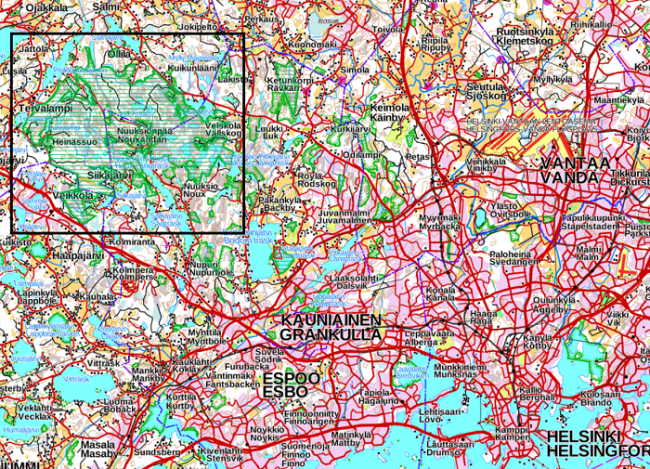 Mapa mostrando la situación del Parque Nacional de Nuuksio 