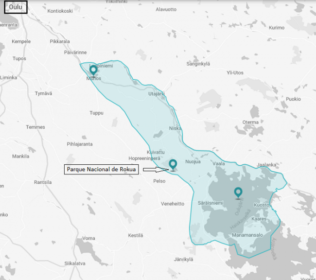 Mapa mostrando la ubicación del Geoparque de Rokua y el Parque Nacional de Rokua 