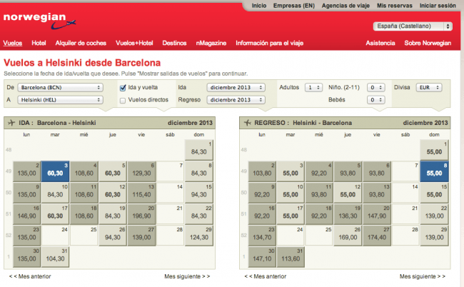 Resultados y precios de vuelos Barcelona-Helsinki-Barcelona con Norwegian