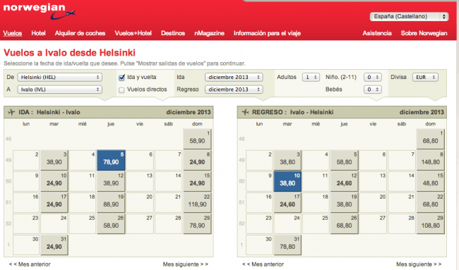 Resultados y precios de vuelos Helsinki-Ivalo-Helsinki con Norwegian